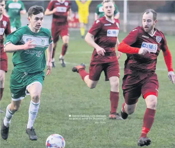  ?? Marc Taylor ?? James Salkeld runs through on goal to score for Burscough