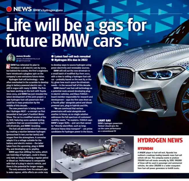  ??  ?? LIGHT GAS
BMW’s hydrogen powertrain (below) should give the car the same performanc­e as a convention­al EV