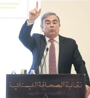  ?? BLOOMBERG ?? Carlos Ghosn gestures as he speaks to the media at the Lebanese Press Syndicate in Beirut, Lebanon on Jan 8, 2020.