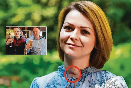  ?? Picture: GETTY ?? Yulia Skripal during her exclusive media appearance, the first since she and her father Sergei were poisoned. The circle shows a scar believed to be caused by a tracheotom­y to help her breathe following the attack. INSET: Yulia, pictured with her father.