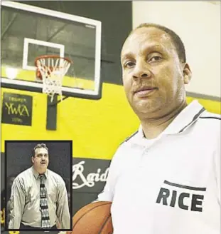 ?? Photos by Marcus Santos and Chet Gordon ?? Former Rice HS coach Dwayne Mitchell takes over for CHSAA ‘B’ team Monsignor Scanlan. Meanwhile, former St. Raymond coach Gary DeCesare (inset) says he’s content at a Chicago Catholic school even though his old job is open.