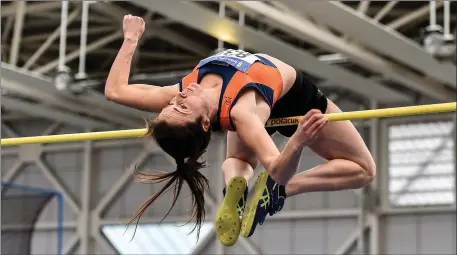  ??  ?? Pippa Rogan on her way to silver in the high jump in Abbotstown last week.