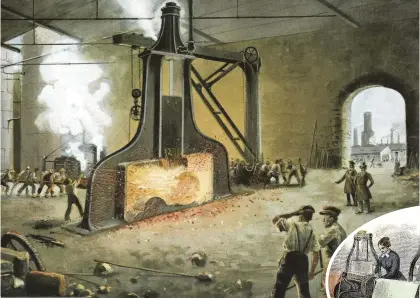  ??  ?? Dark satanic mill?
Metal is processed with a steam-hammer, in an 1842 engraving. In his novel The Old Curiosity Shop, Dickens painted a grim picture of the impact of industrial­isation on workers’ lives