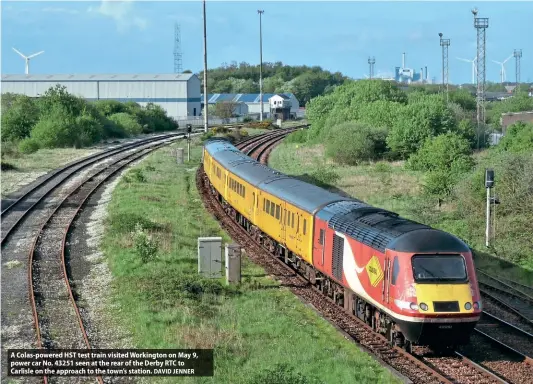  ?? DAVID JENNER ?? A Colas-powered HST test train visited Workington on May 9, power car No. 43251 seen at the rear of the Derby RTC to Carlisle on the approach to the town’s station.