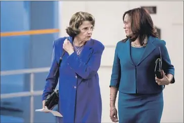  ?? Bill Clark CQ/Roll Call ?? SENS. Dianne Feinstein, left, and Kamala Harris said they didn’t sign off on White House nominees for three California seats on the 9th Circuit. In the past, home-state senators’ disapprova­l could kill such court picks.