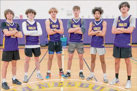  ?? Photos by Jim Franco / Times Union ?? From left: Duanesburg basketball players Kyle Williams, Peyton Fall, Ethan Thompson, Jeffrey Mulhern, Michael Leak and Owen Lohret have been at the forefront of the Eagles’ 20-0 start to the season. Duanesburg is the No. 1 seed in Class C for the Section II Tournament.