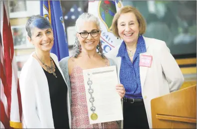  ?? Michael Cummo / Hearst Connecticu­t Media ?? From left, Indivisibl­e Stamford members Jeanne Feore and Hazel Katz, with Women-on-Watch member Ann Weiss, following a press conference May 21 at the Government Center in Stamford, where Mayor David Martin proclaimed June Voter Registrati­on/Voter...