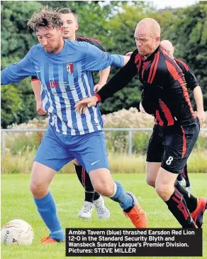  ??  ?? Amble Tavern (blue) thrashed Earsdon Red Lion 12-0 in the Standard Security Blyth and Wansbeck Sunday League’s Premier Division. Pictures: STEVE MILLER