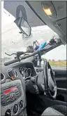  ?? ?? Images show how the bike’s handlebars smashed through windscreen on the driver’s side