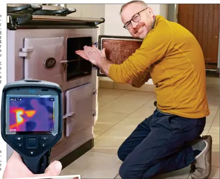  ?? ?? COOL RESPONSE: Toby Walne tests the effects with a thermal camera opening his Aga door, doing star jumps and, below, donning a tin foil hat