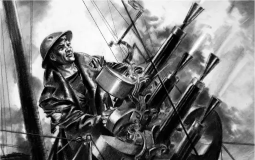  ?? ?? ■ A contempora­ry artist’s impression of Jack Mantle at his guns during his Victoria Cross action at Portland, 4 July 1940.