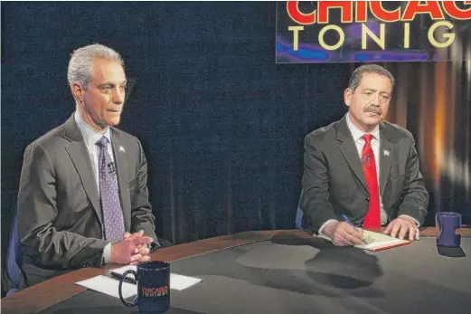  ?? ASHLEE REZIN/ SUN- TIMES ?? Mayor Rahm Emanuel and Jesus “Chuy” Garcia at their final debate onWTTW’s “Chicago Tonight” on March 31, 2015, before their runoff election.