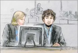  ?? Jane Flavell Collins
Associated Press ?? CLARKE is shown with bombing defendant Dzhokhar Tsarnaev in a courtroom sketch. She is expected to portray him as lonely, confused and manipulate­d.
