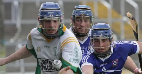  ??  ?? Diarmuid Murphy of Blackwater is pursued by Oylegate-Glenbrien duo Fergus Heffernan and Shane Reck.