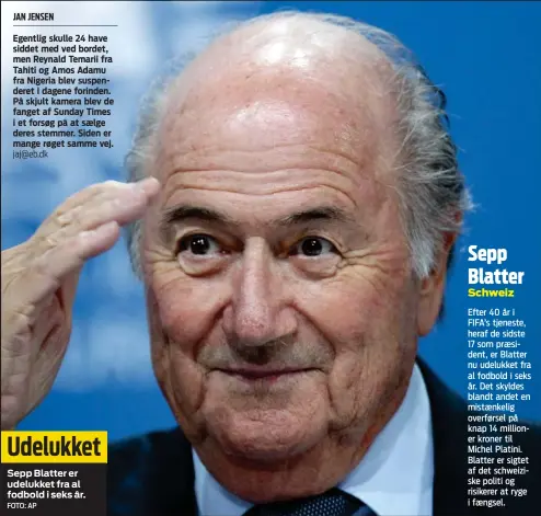  ?? FOTO: AP ?? Udelukket
Sepp Blatter er udelukket fra al fodbold i seks år.