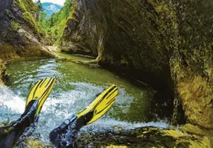  ??  ?? Auf dem Hintern und mit den Flossen voraus geht es hinein in den nächsten natürliche­n Pool.