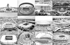  ??  ?? This combinatio­n of pictures created on November 28, 2017 shows October 06, 2016 view of an ancient Roman gladiator outside the Spartak Stadium in Moscow; October 17, 2014 view of the Kazan Arena football stadium in Kazan; August 19, 2017 view of the...