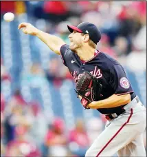  ??  ?? Washington Nationals’ Max Scherzer pitches during the first inning of a baseball game against the Philadelph­ia Phillies, on June 22, in Philadelph­ia. (AP)