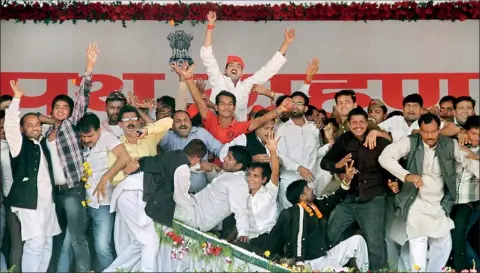  ??  ?? Supporters of Akhilesh Yadav, the new chief minister of India's northern Indian state of Uttar Pradesh, cheer after Akhilesh took the oath as the chief minister of the state in Lucknow March 15, 2012. Akhilesh, son of Samajwadi Party (SP) leader...