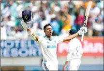  ?? ?? India’s Yashasvi Jaiswal celebrates his double century on the fourth day of the third cricket Test match between England and India in Rajkot, India. (AP)