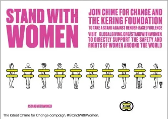  ??  ?? The latest Chime for Change campaign, #StandWithW­omen.