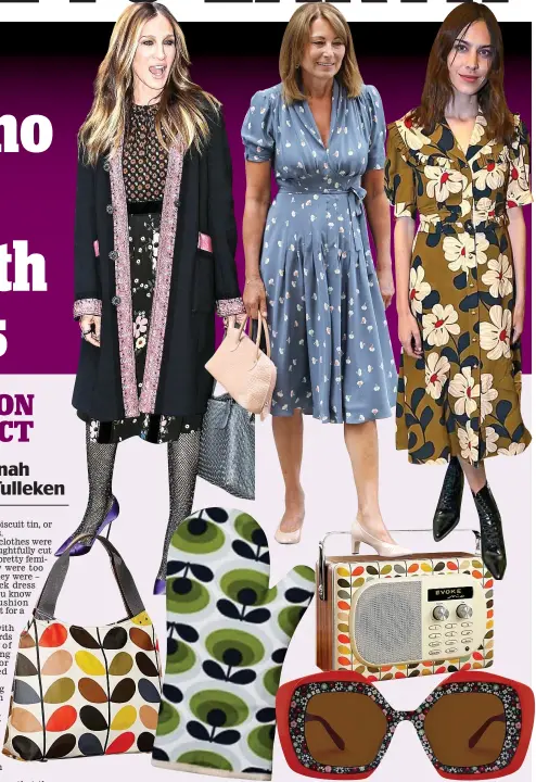  ??  ?? Flower power: Kiely’s designs have been worn by the Duchess of Cambridge and, above from left, Sarah Jessica Parker, Carole Middleton and Alexa Chung. She also sells homeware and accessorie­s
