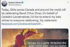  ?? HT ?? The tweet posted by Conservati­ve Party leader Andrew Scheer. It was later deleted.