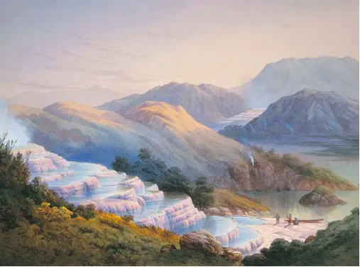  ??  ?? A JC Hoyte painting in the 1870s depicted the Pink and White Terraces, destroyed by the eruption.