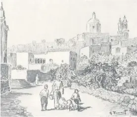  ??  ?? A sketch of Gharghur Parish Church from a distance by George Zammit