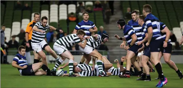  ??  ?? Greystones recycle the ball during the clash with Wanderers at the Aviva Stadium last weekend.