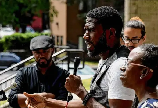  ?? Will Waldron / Times Union ?? New York City public advocate Jumaane Williams, center, joins Hudson Mayor Kamal Johnson, left, Hudson Common Council member Tiffany Garriga, right, and Michael Gattine-saurez of Hudson Catskill Housing Coalition, at a news conference Thursday in Hudson.