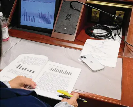  ?? Jim Michaud/Hearst Connecticu­t Media ?? A legislativ­e member reads along to the numbers and stats read by Ken Barone, manager of the Connecticu­t Racial Profiling Prohibitio­n Project, during a special hearing to discuss findings of an audit that found a high likelihood tens of thousands of traffic tickets were falsified by state police troopers.