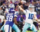  ?? BRUCE KLUCKHOHN/ASSOCIATED PRESS ?? Dallas quarterbac­k Cooper Rush (10), shown passing in the second half, calmly directed a touchdown drive ending with less than a minute to go to help the Cowboys beat host Minnesota.