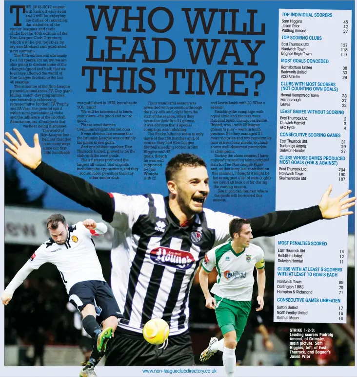  ??  ?? www.non-leagueclub­directory.co.uk STRIKE 1-2-3: Leading scorers Padraig Amond, of Grimsby, main picture, Sam Higgins, left, of East Thurrock, and Bognor’s Jason Prior