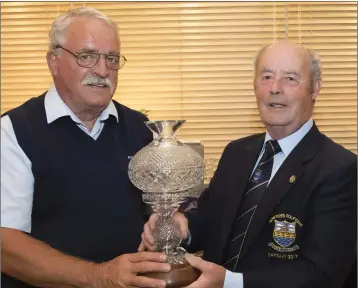  ??  ?? Luke Power (left), winner of the New Ross Captain’s prize, receiving the presentati­on from Peter Goggin.