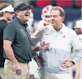  ?? AP PHOTOS ?? ABOVE: Coaches Kirby Smart of Georgia and Nick Saban of Alabama before the SEC title game last month. RIGHT: Alabama quarterbac­k Bryce Young.