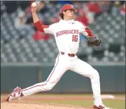  ?? NWA Democrat-Gazette/ANDY SHUPE ?? Arkansas starter Blaine Knight delivers to the plate against Bucknell on Friday at Baum Stadium in Fayettevil­le.