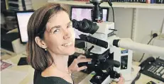  ?? NGZ-FOTO: LOTHAR BERNS ?? Dr. Nora Hinsch (39) begutachte­t unter dem Mikroskop die Gewebeprob­en von Patienten. Manchmal muss es ganz schnell gehen.