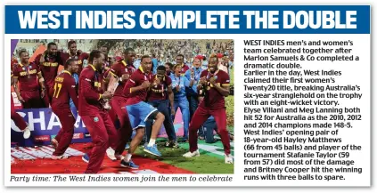  ??  ?? Party time: The West Indies women join the men to celebrate