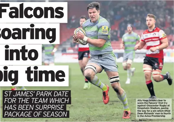  ??  ?? Ally Hogg breaks clear to score the Falcons’ first try against Gloucester Rugby at Kingsholm Stadium, paving the way for a win which lifted Dean Richards’ men to fourth in the Aviva Premiershi­p