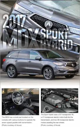  ??  ?? The Sport Hybrid uses a 257-horsepower V6, a 47-horsepower electric motor built into the transmissi­on, and two 36-horsepower electric motors assisting the rear wheels. (Photo courtesy of Acura) The MDX has a small pad located on the console with...