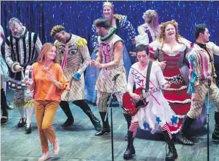  ?? CHARLES SYKES, THE ASSOCIATED PRESS ?? Go-Go’s band members Belinda Carlisle, left, and Jane Wiedlin perform at the curtain call for the Broadway musical Head Over Heels.