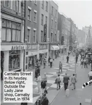  ??  ?? Carnaby Street in its heyday. Below right, Outside the Lady Jane shop, Carnaby Street, in 1974