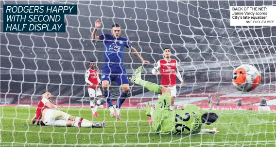  ?? NMC POOL/PA WIRE ?? BACK OF THE NET: Jamie Vardy scores City’s late equaliser