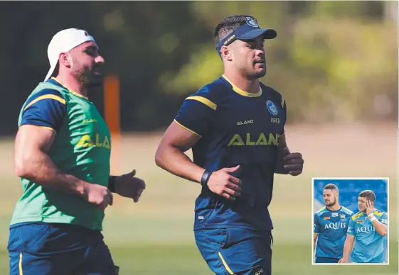  ??  ?? Parramatta's Jarryd Hayne (right) with Tim Mannah at Eels training. And (inset) alongside Ash Taylor in his Titans days. Main picture: BRETT COSTELLO