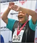  ?? Dan Watson/The Signal ?? (Above) SCV athlete Antonio Guzman celebrates after receiving his bronze medal for the 100-meter walk during the games Saturday.