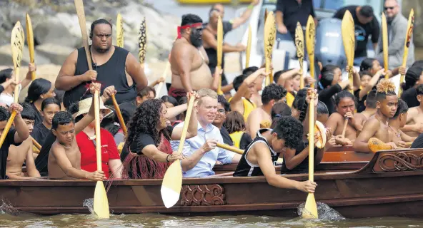  ?? PHOTO: GETTY IMAGES ?? Smooth sailing . . . Prime Minister Chris Hipkins paddles a waka in Waitangi yesterday ahead of Waitangi Day, which commemorat­es the signing of the Treaty of Waitangi.