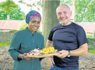  ??  ?? Nadiya Hussain and Turan enjoy smoked haddock rarebit with chicory and radish salad