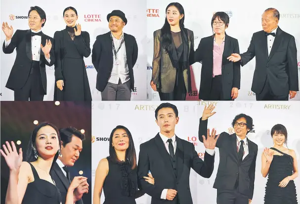  ??  ?? (Clockwise from top left) Japanese actress Yu Aoi (centre), director Kazuya Shiraishi (right) and actor Sadao Abe on the red carpet. • The festival founder Kim Dong-Ho (right) guides director Shin Su-Won (centre) and actress Moon Geun-Young on the red carpet. • Japanese actress Kasumi Arimura (right) and director Isao Yukisada on arrival. • Japanese superstar Miho Nakayama (left) and South Korean actor Kim Jae-Uck showing up during the opening ceremony. • South Korean actress Yoon Seung-Ah (left) and actor Park Sung-woong on arrival.