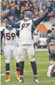 ?? CHARLES REX ARBOGAST ASSOCIATED PRESS FILE PHOTO ?? Broncos defensive end Malik Jackson celebrates after intercepti­ng Bears quarterbac­k Jay Cutler Nov. 22 in Chicago. Patriots quarterbac­k Tom Brady will be facing the league’s top-ranked defense when New England plays Denver on Sunday.